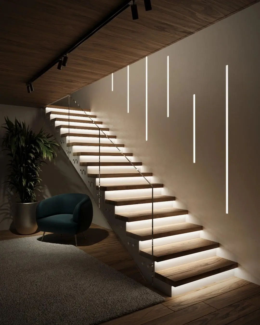 Modern staircase illuminated with ambient lighting