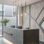 Modern office reception lit with LED fixtures
